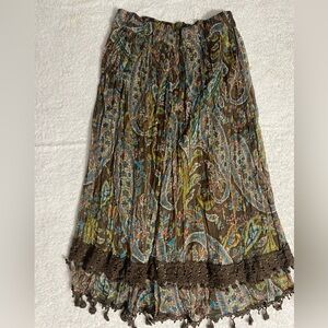 Bohemian Paisley Maxi Skirt with Crochet Hem Brown Teal Inner Lining Hippie Cute